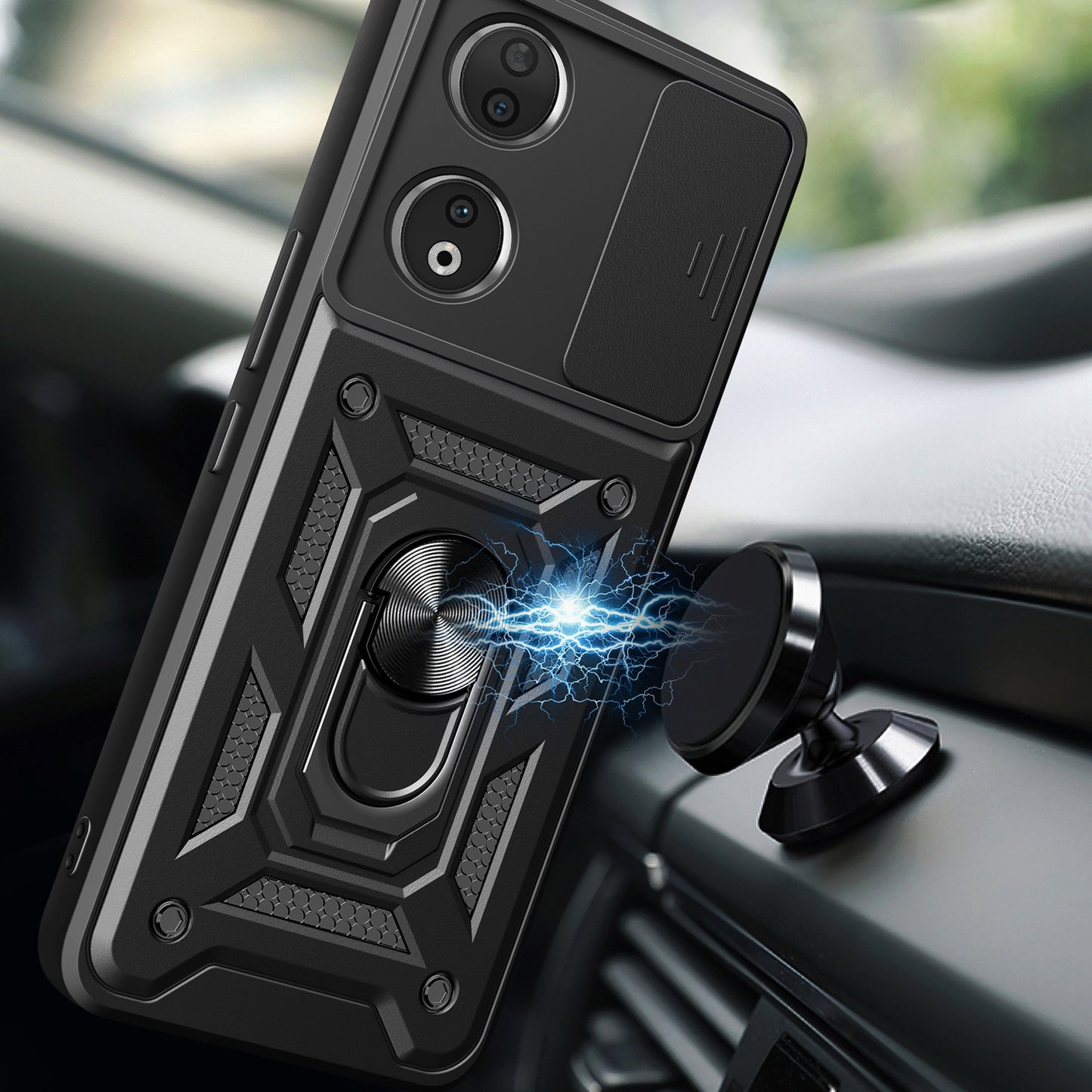 Honor 90 5G Sliding Camera Cover Magnetic Ring Stand Shockproof TPU + PC Protective Phone Case