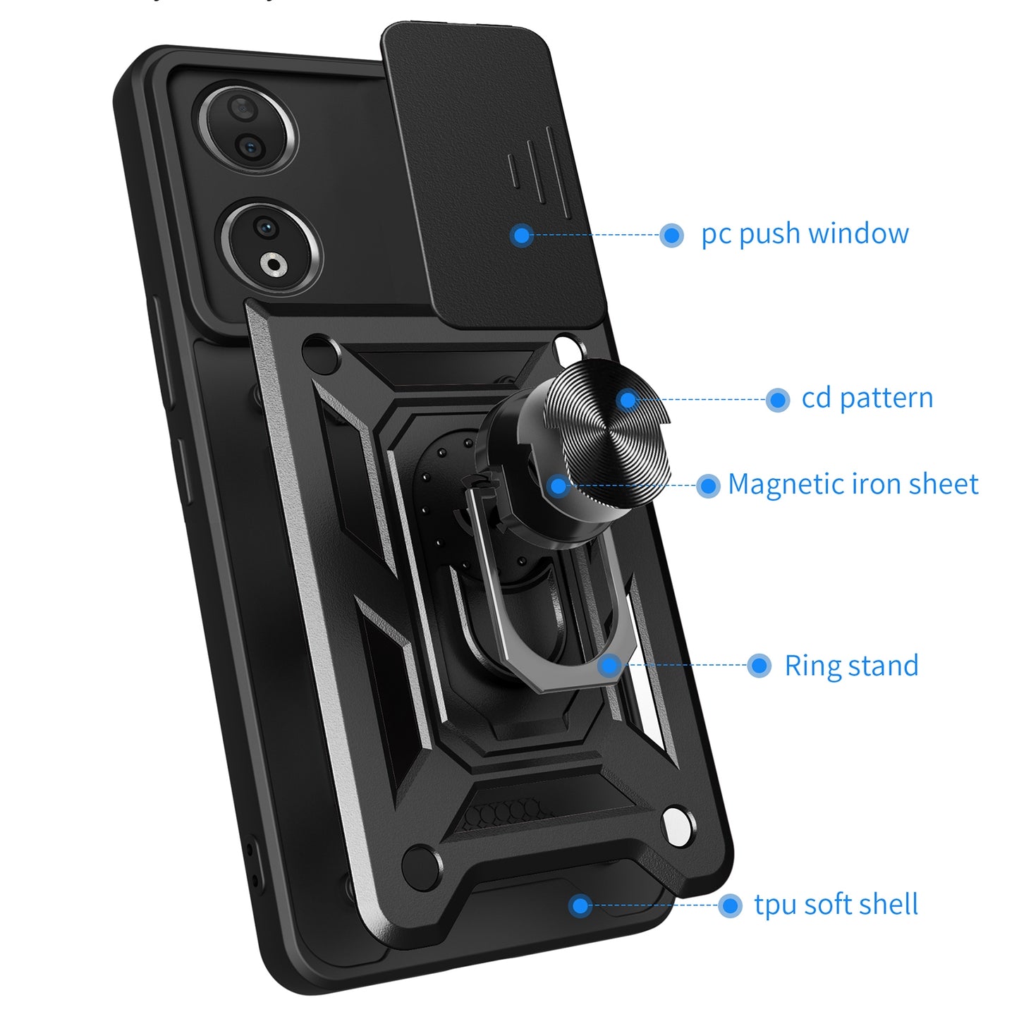 Honor 90 5G Sliding Camera Cover Magnetic Ring Stand Shockproof TPU + PC Protective Phone Case