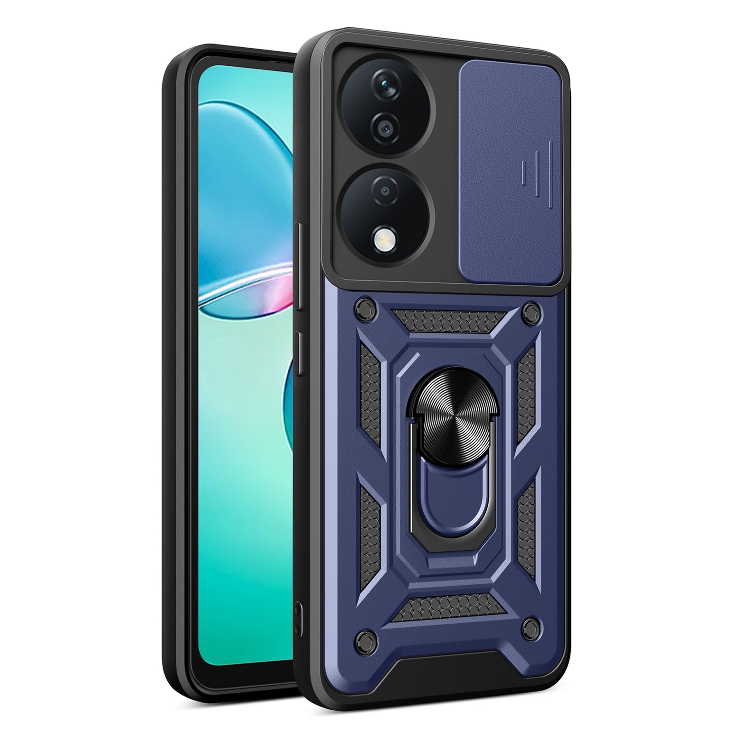 Honor X7b Sliding Camera Cover Magnetic Ring Stand Shockproof TPU + PC Protective Phone Case