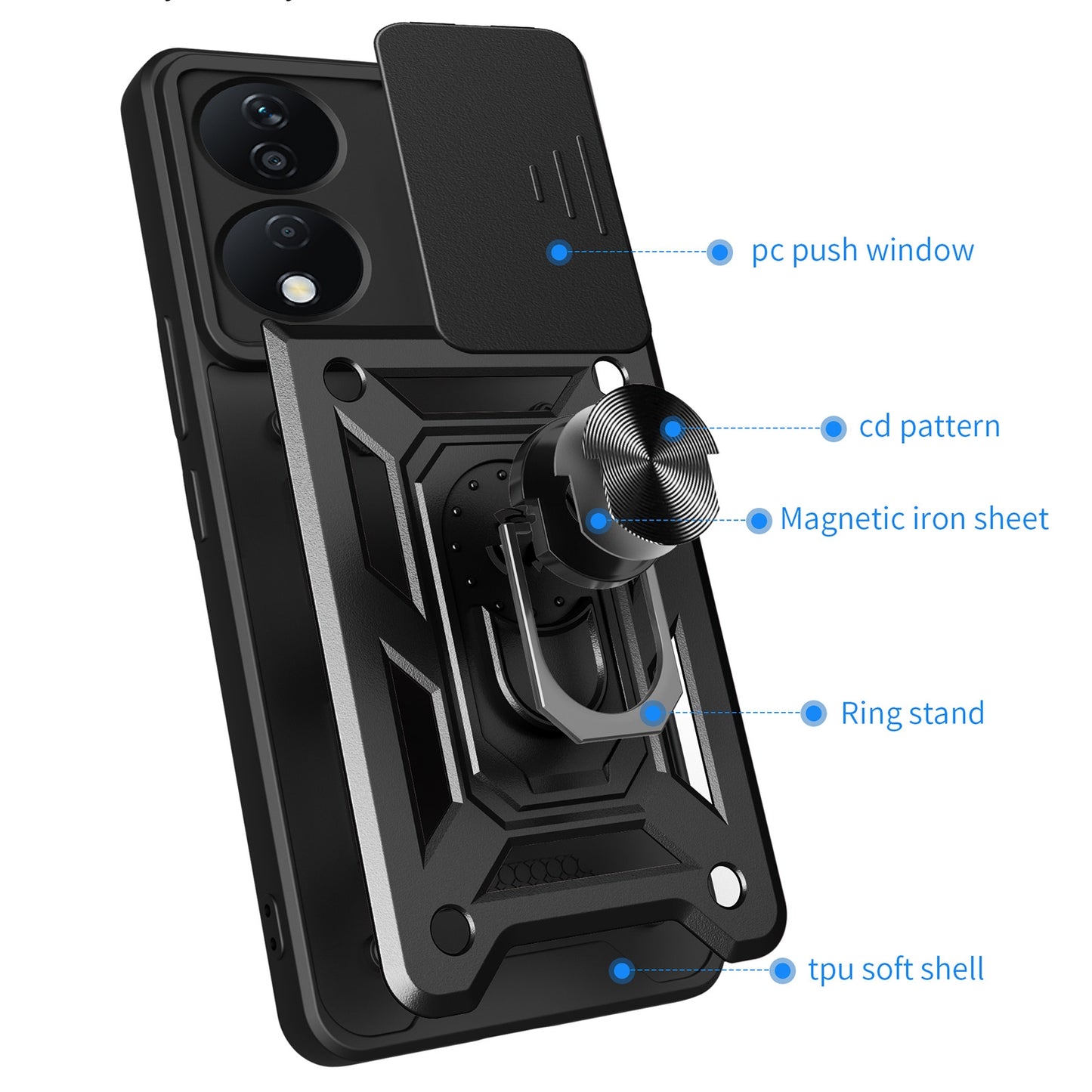 Honor X7b Sliding Camera Cover Magnetic Ring Stand Shockproof TPU + PC Protective Phone Case