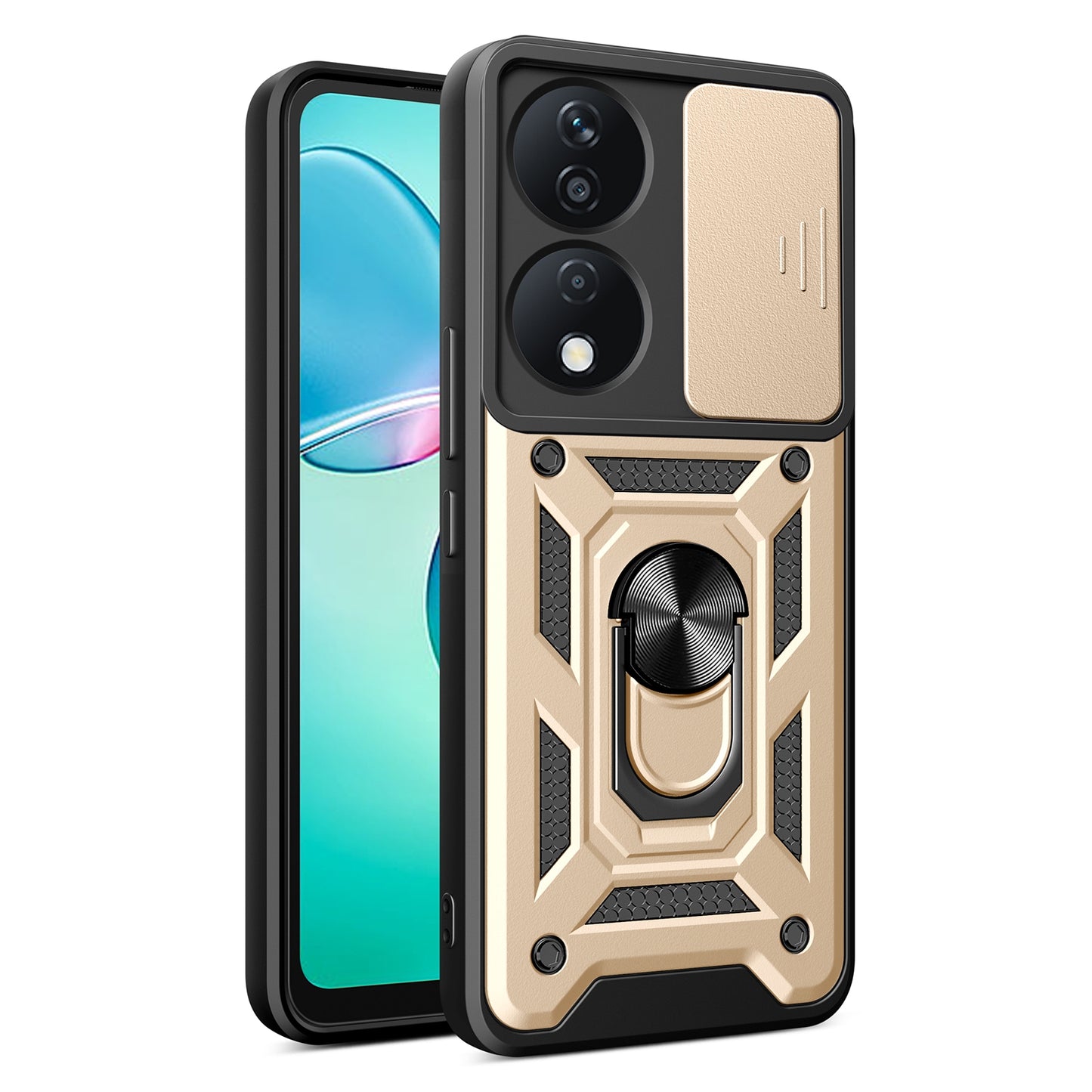 Honor X7b Sliding Camera Cover Magnetic Ring Stand Shockproof TPU + PC Protective Phone Case