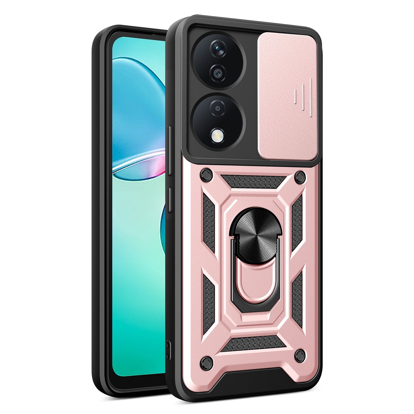 Honor X7b Sliding Camera Cover Magnetic Ring Stand Shockproof TPU + PC Protective Phone Case