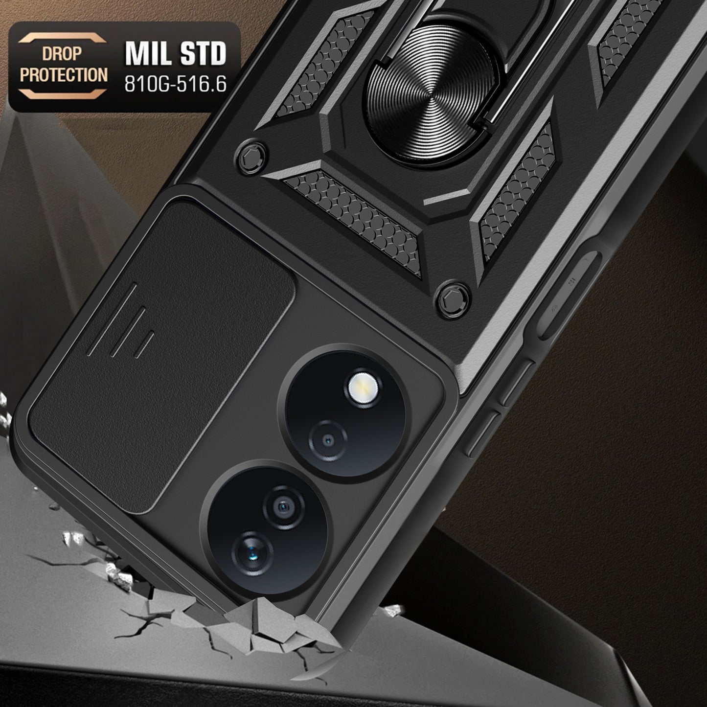 Honor X7b Sliding Camera Cover Magnetic Ring Stand Shockproof TPU + PC Protective Phone Case