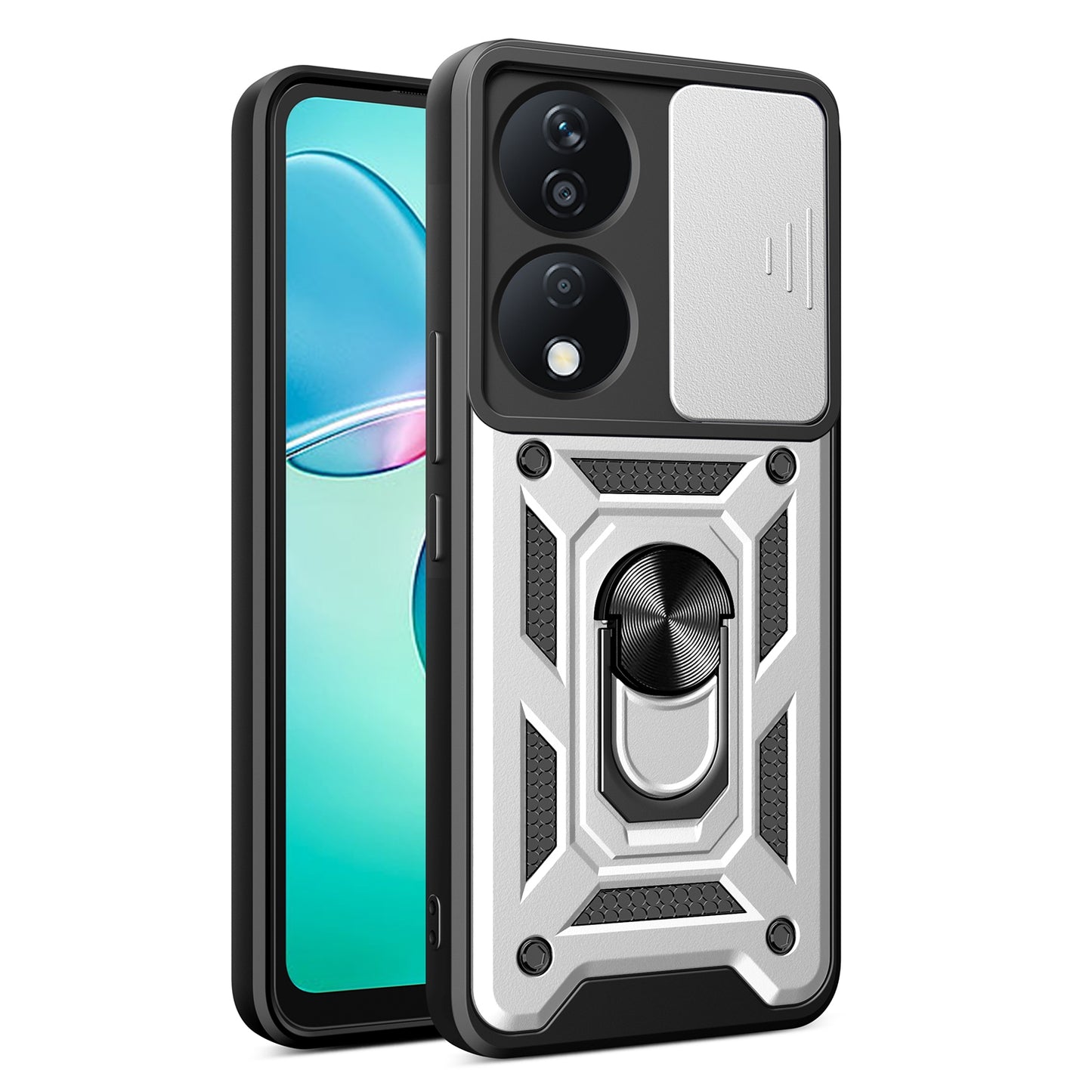 Honor X7b Sliding Camera Cover Magnetic Ring Stand Shockproof TPU + PC Protective Phone Case