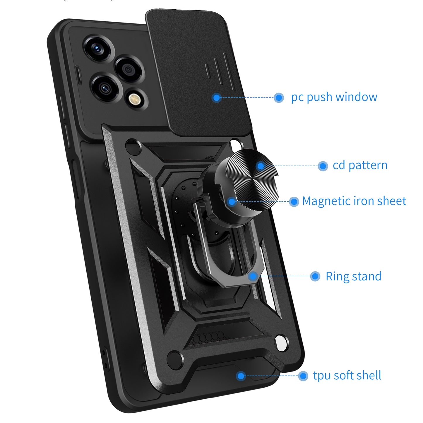 Honor 200 Lite Sliding Camera Cover Magnetic Ring Stand Shockproof TPU + PC Protective Phone Case