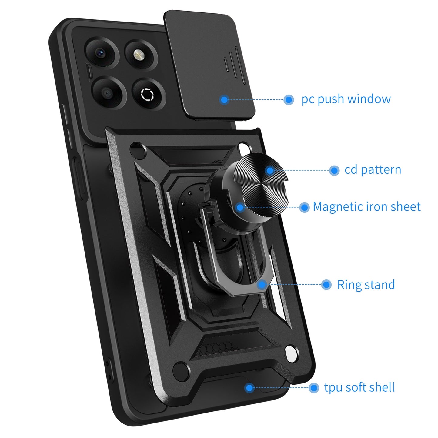 Honor X6b 4G Sliding Camera Cover Magnetic Ring Stand Shockproof TPU + PC Protective Phone Case