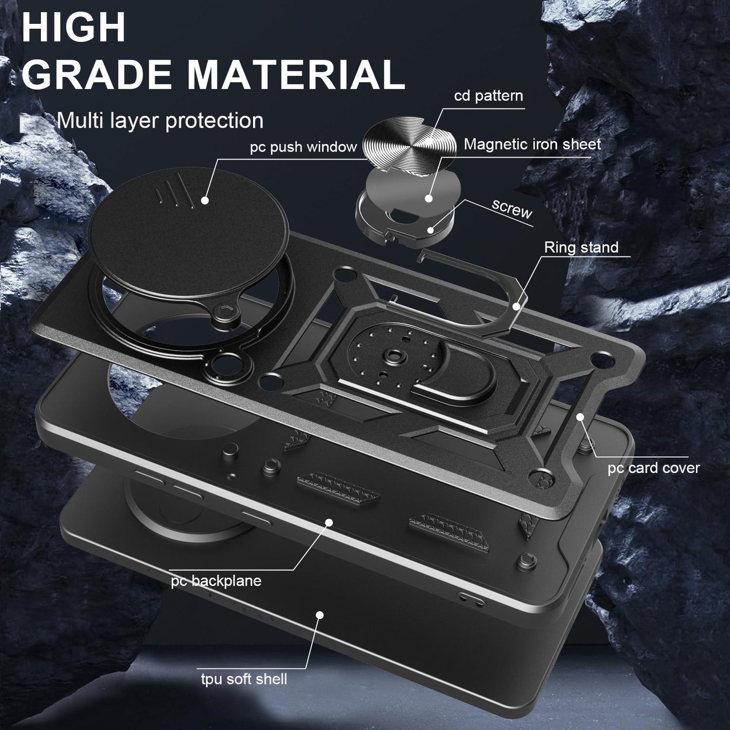 Honor X9c Sliding Camera Cover Magnetic Ring Stand Shockproof TPU + PC Protective Phone Case