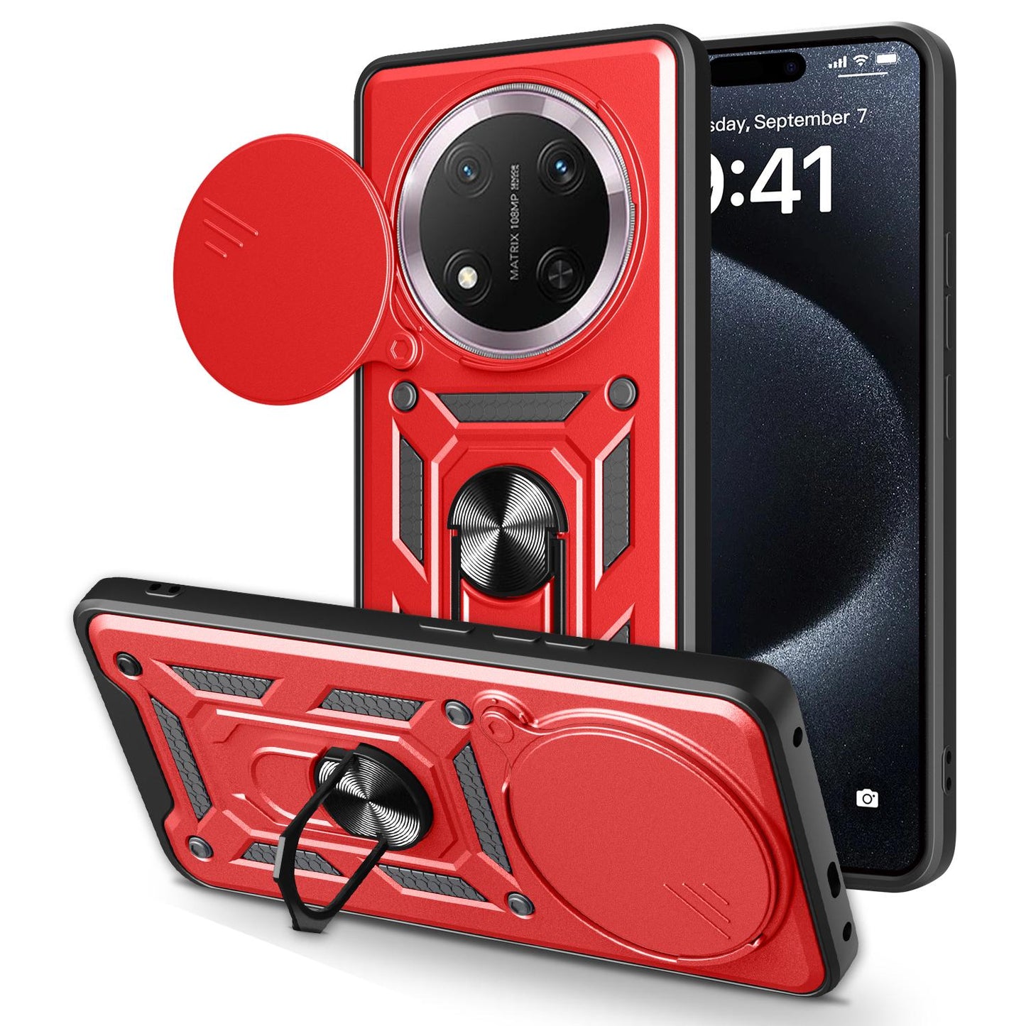 Honor X9c Sliding Camera Cover Magnetic Ring Stand Shockproof TPU + PC Protective Phone Case