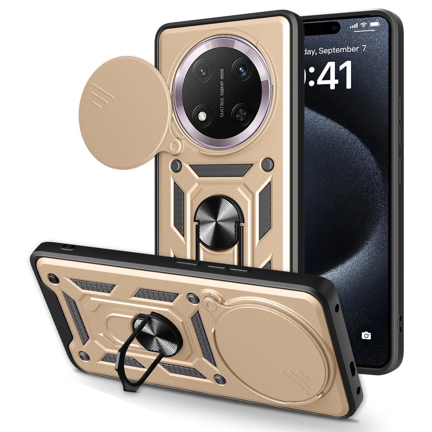 Honor X9c Sliding Camera Cover Magnetic Ring Stand Shockproof TPU + PC Protective Phone Case