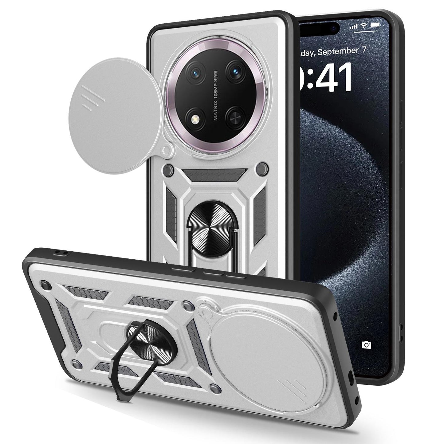 Honor X9c Sliding Camera Cover Magnetic Ring Stand Shockproof TPU + PC Protective Phone Case