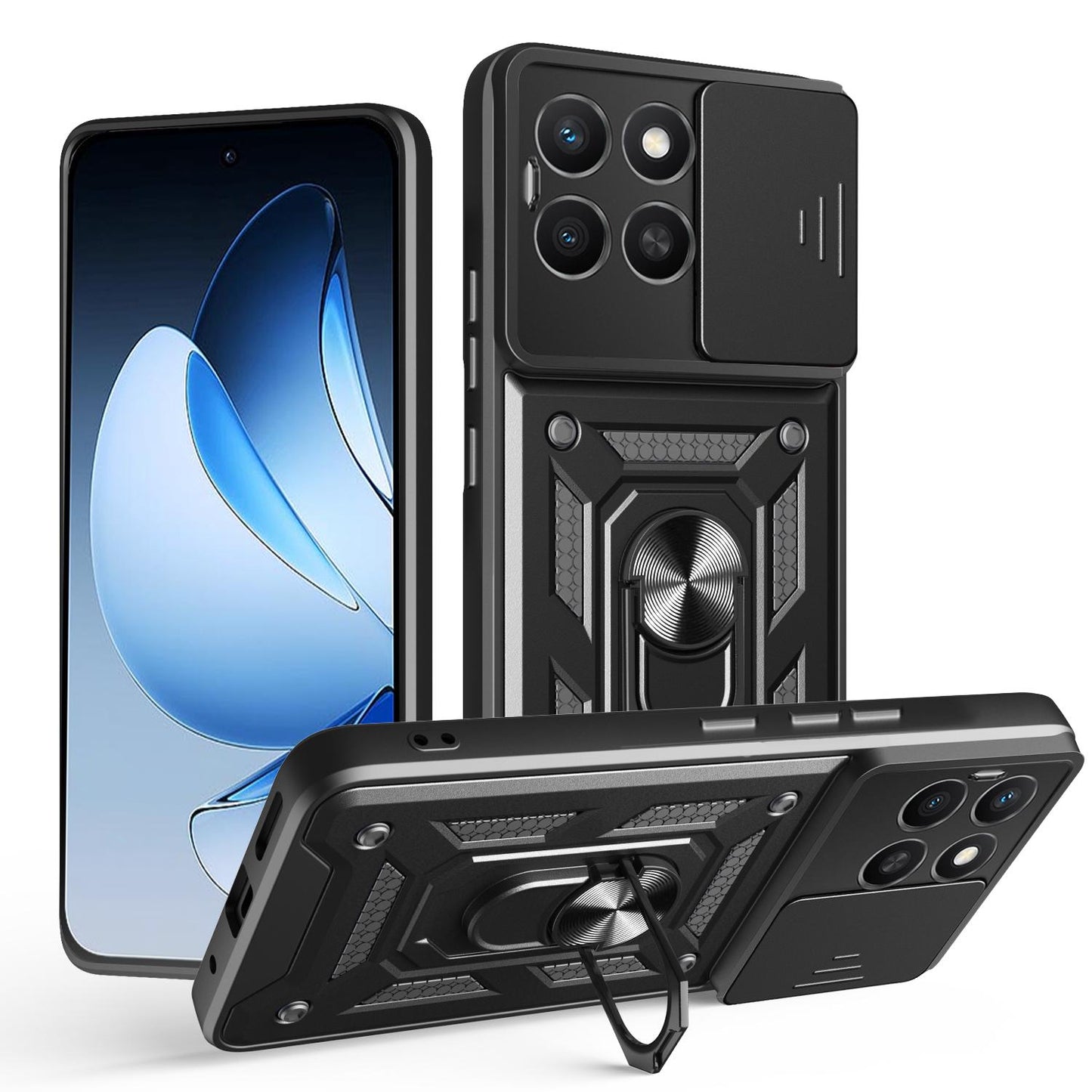 Honor X8c 4G Sliding Camera Cover Magnetic Ring Stand Shockproof TPU + PC Protective Phone Case