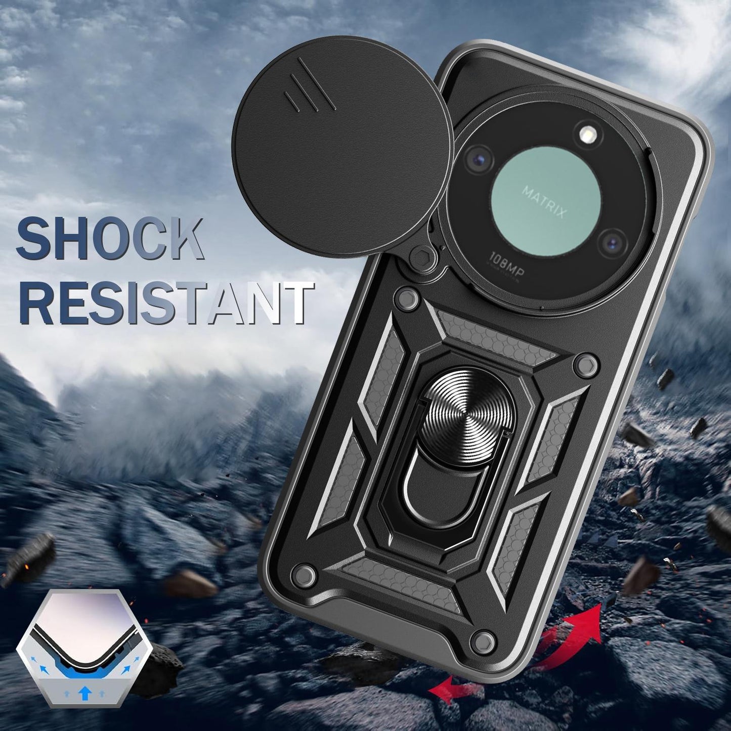 Honor X9c Smart Sliding Camera Cover Magnetic Ring Stand Shockproof TPU + PC Protective Phone Case