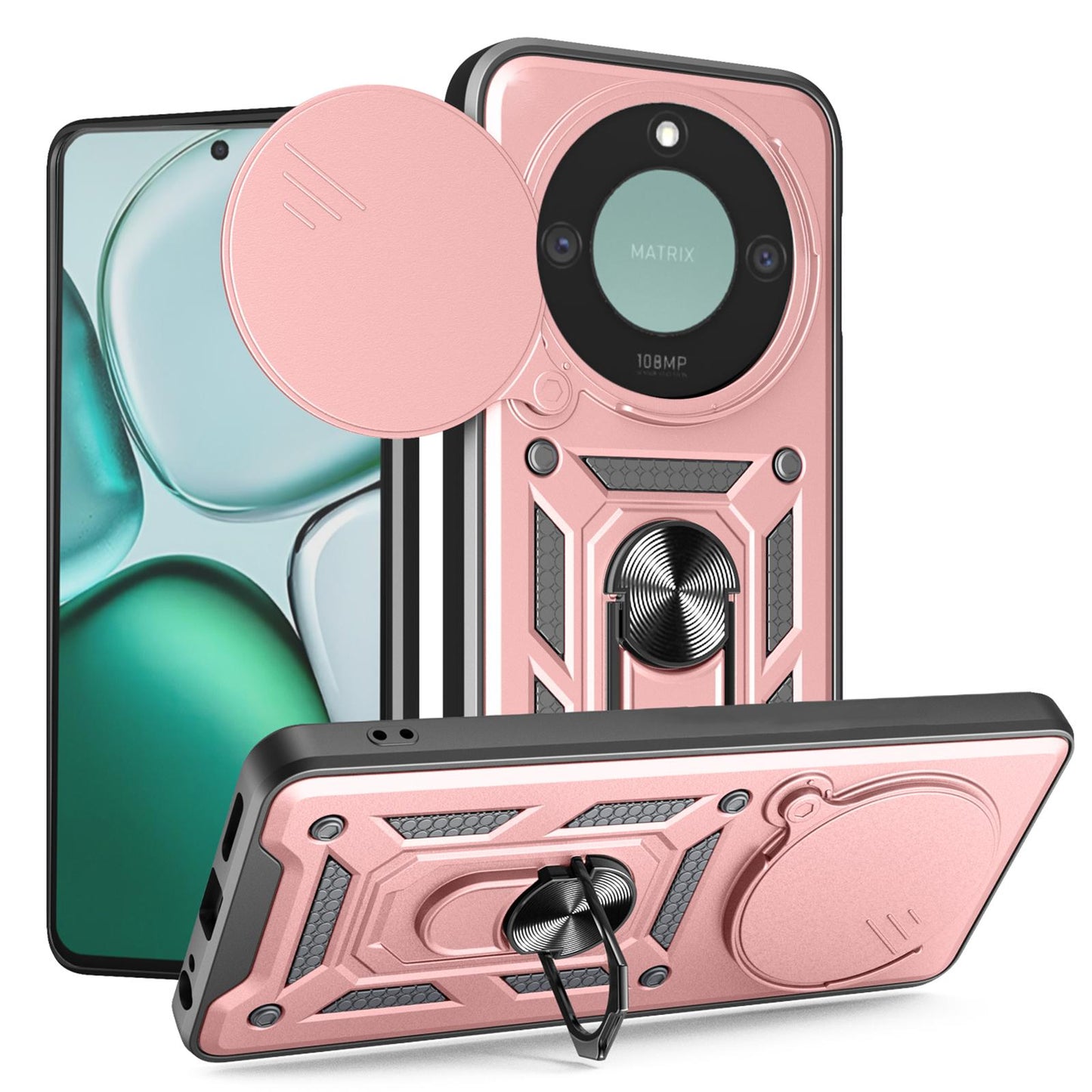 Honor X9c Smart Sliding Camera Cover Magnetic Ring Stand Shockproof TPU + PC Protective Phone Case