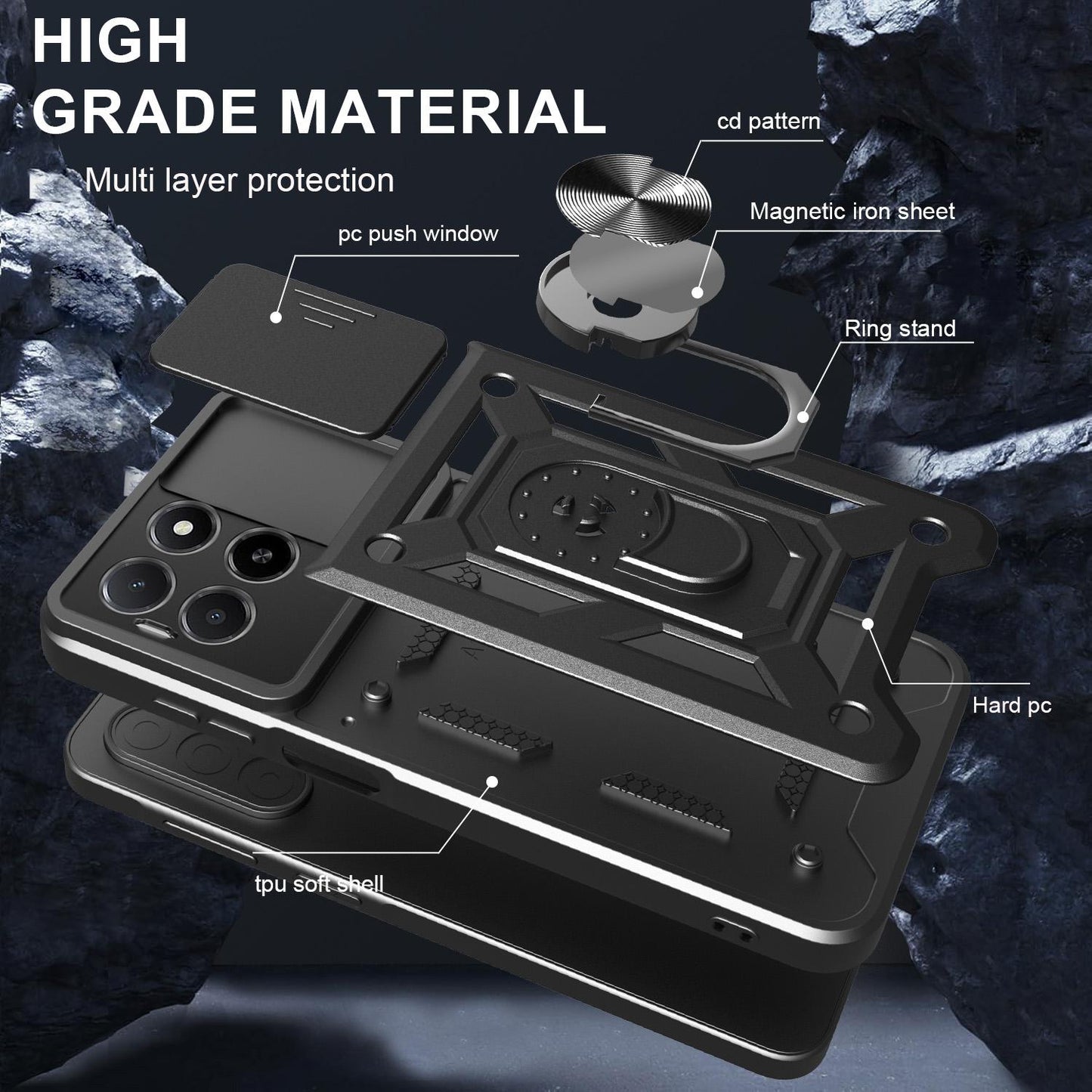 Honor X5b Plus Sliding Camera Cover Magnetic Ring Stand Shockproof TPU + PC Protective Phone Case