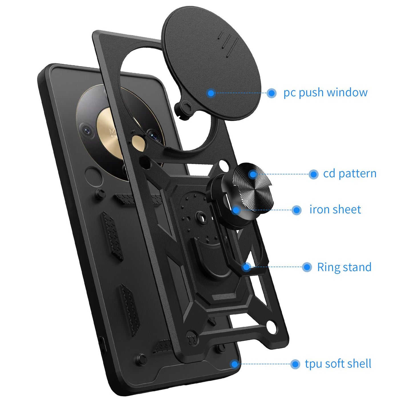 Honor X70 5G Sliding Camera Cover Magnetic Ring Stand Shockproof TPU + PC Protective Phone Case