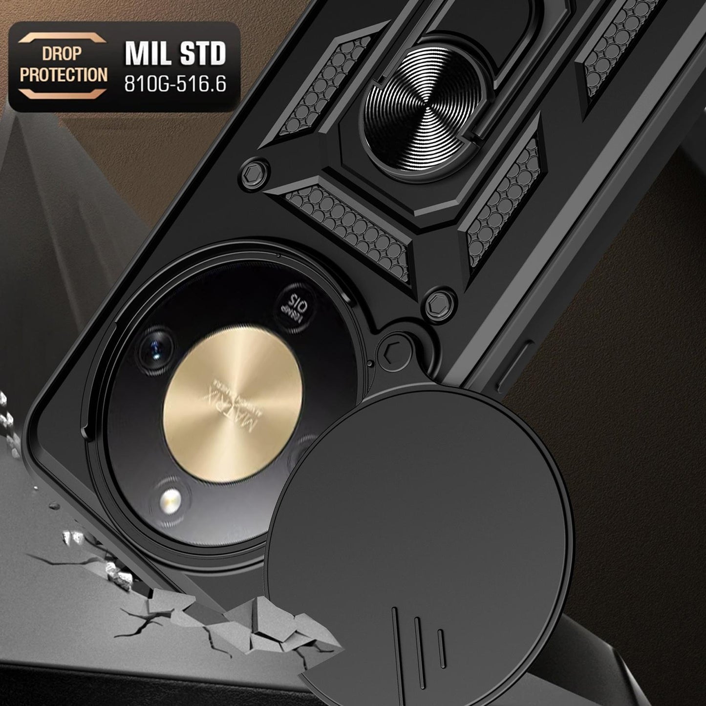 Honor X9d 5G Sliding Camera Cover Magnetic Ring Stand Shockproof TPU + PC Protective Phone Case