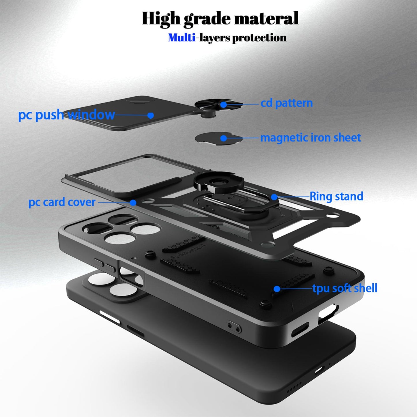 Honor X7d 5G Sliding Camera Cover Magnetic Ring Stand Shockproof TPU + PC Protective Phone Case