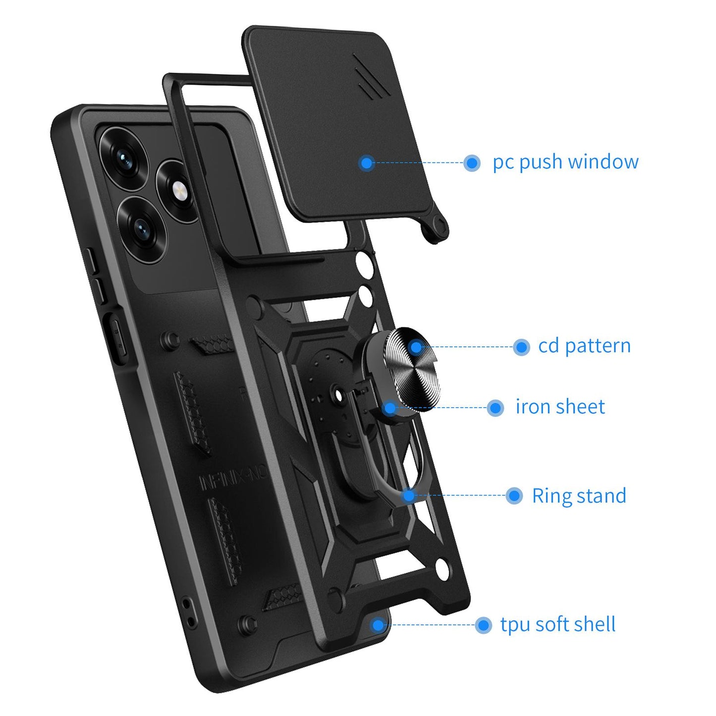 Honor X5c Sliding Camera Cover Magnetic Ring Stand Shockproof TPU + PC Protective Phone Case