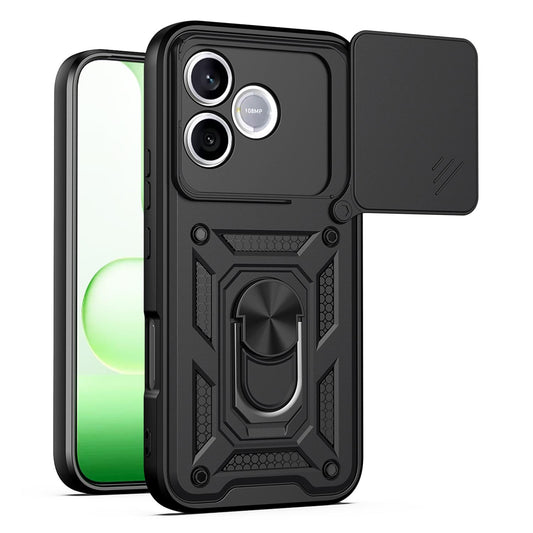 Honor 600 Lite 5G Sliding Camera Cover Magnetic Ring Stand Shockproof TPU + PC Protective Phone Case