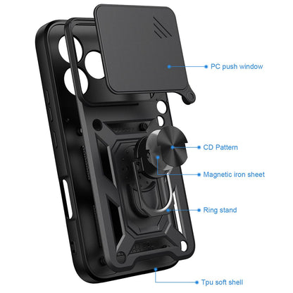 Honor 600 Lite 5G Sliding Camera Cover Magnetic Ring Stand Shockproof TPU + PC Protective Phone Case