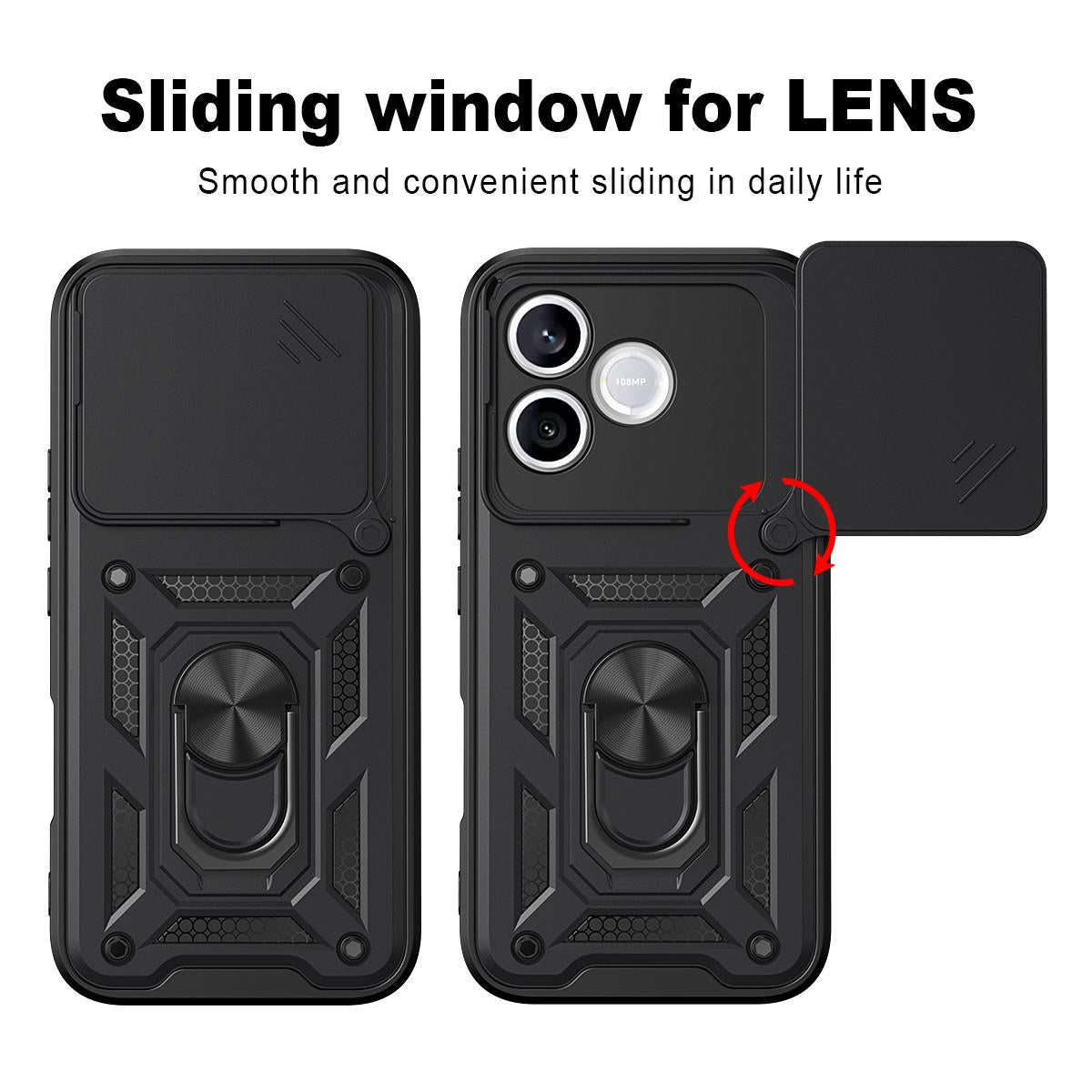 Honor 600 Lite 5G Sliding Camera Cover Magnetic Ring Stand Shockproof TPU + PC Protective Phone Case