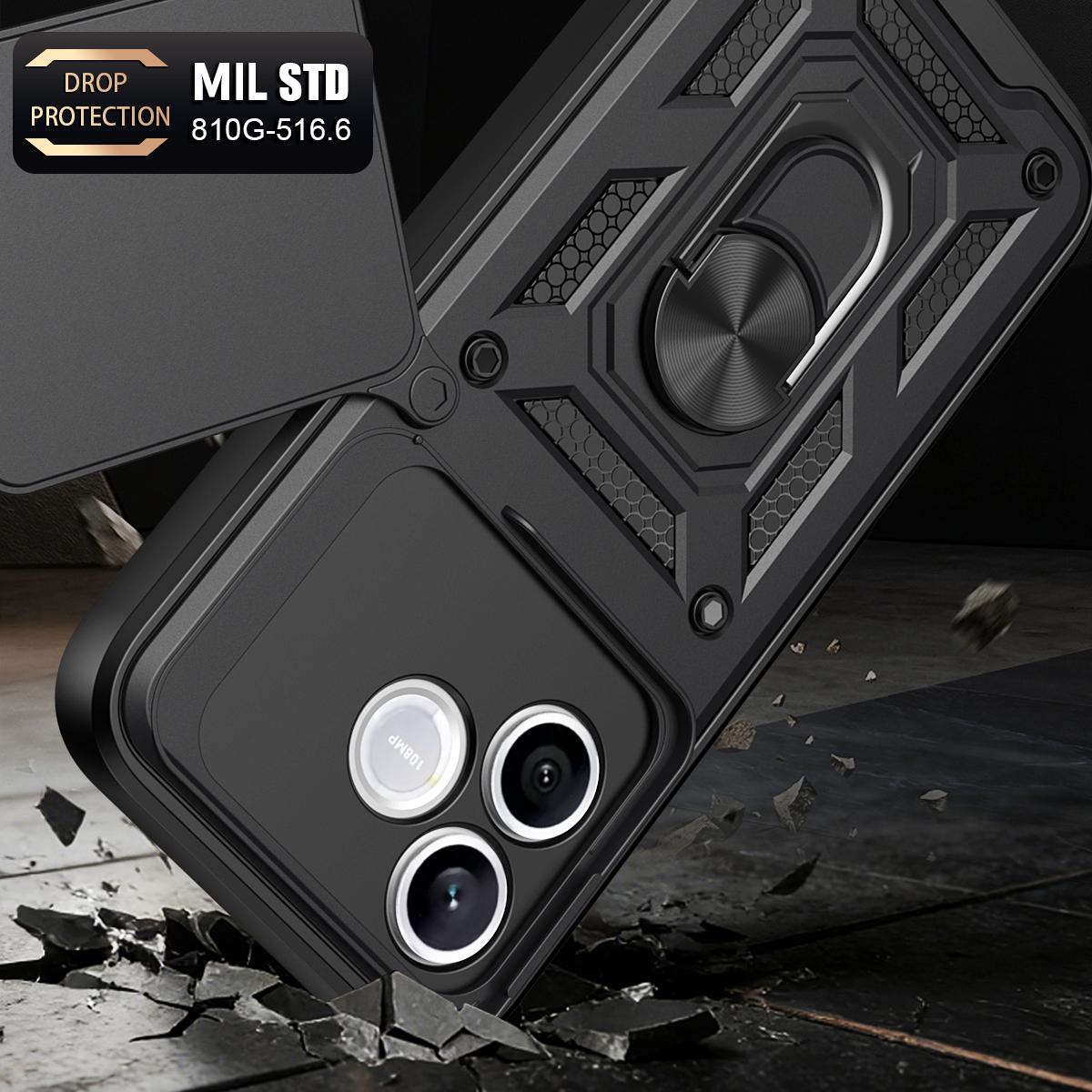 Honor 600 Lite 5G Sliding Camera Cover Magnetic Ring Stand Shockproof TPU + PC Protective Phone Case