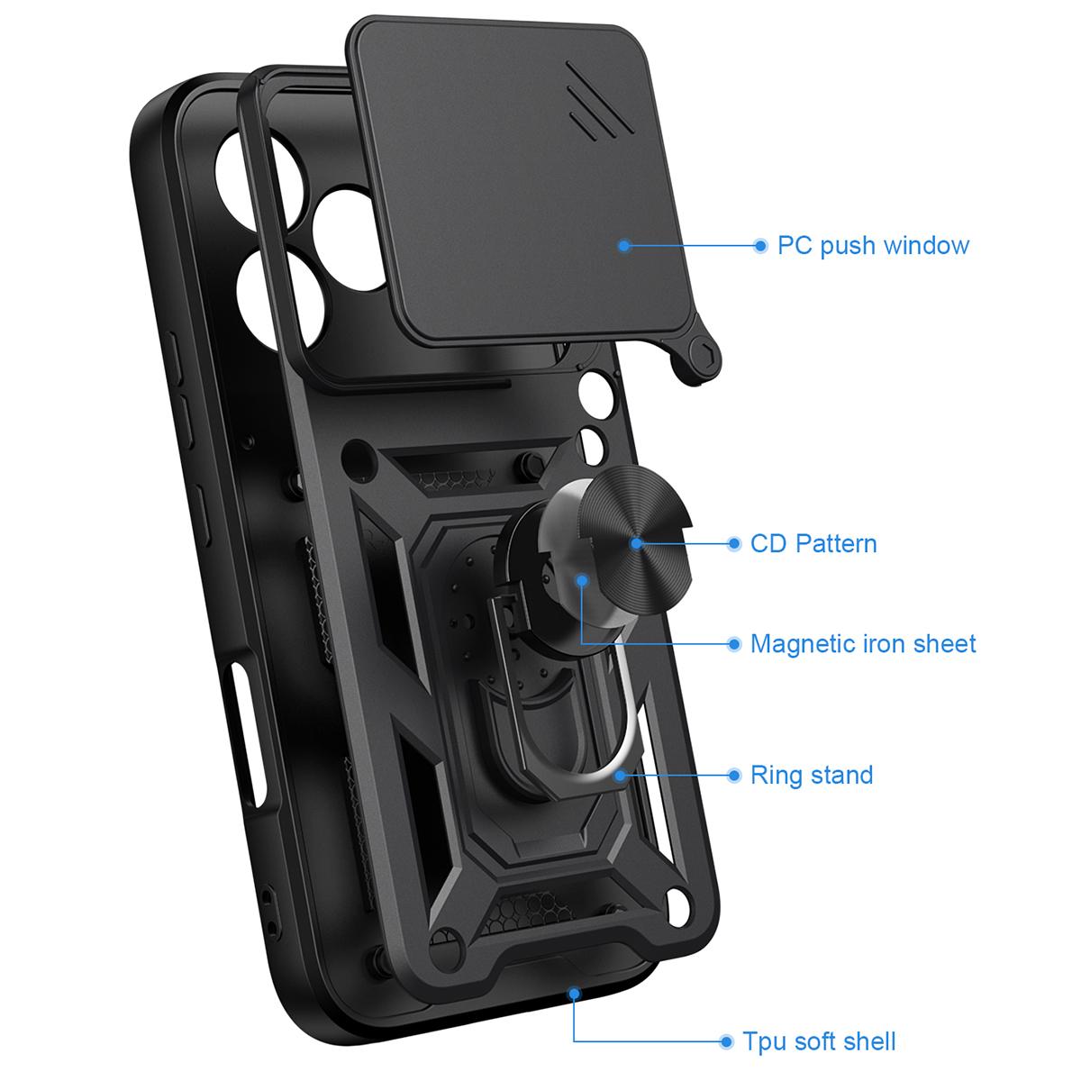 Honor 600 Lite 5G Sliding Camera Cover Magnetic Ring Stand Shockproof TPU + PC Protective Phone Case