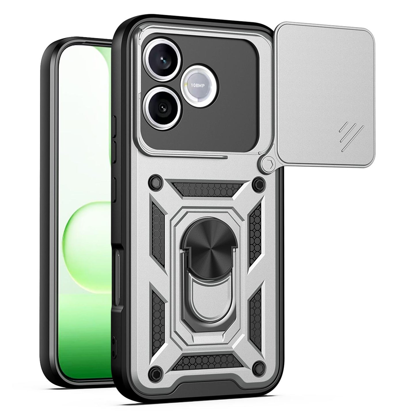 Honor 600 Lite 5G Sliding Camera Cover Magnetic Ring Stand Shockproof TPU + PC Protective Phone Case