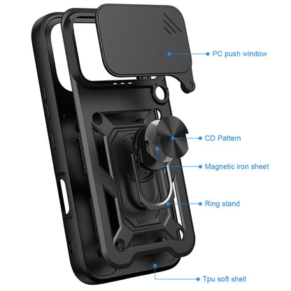 Honor 600 Pro 5G Sliding Camera Cover Magnetic Ring Stand Shockproof TPU + PC Protective Phone Case
