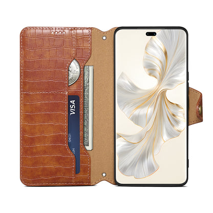 Honor 100 Pro Denior Crocodile Texture Oil Edge Leather Phone Case with Card Wallet and Kickstand