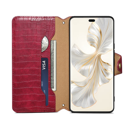 Honor 100 Pro Denior Crocodile Texture Oil Edge Leather Phone Case with Card Wallet and Kickstand