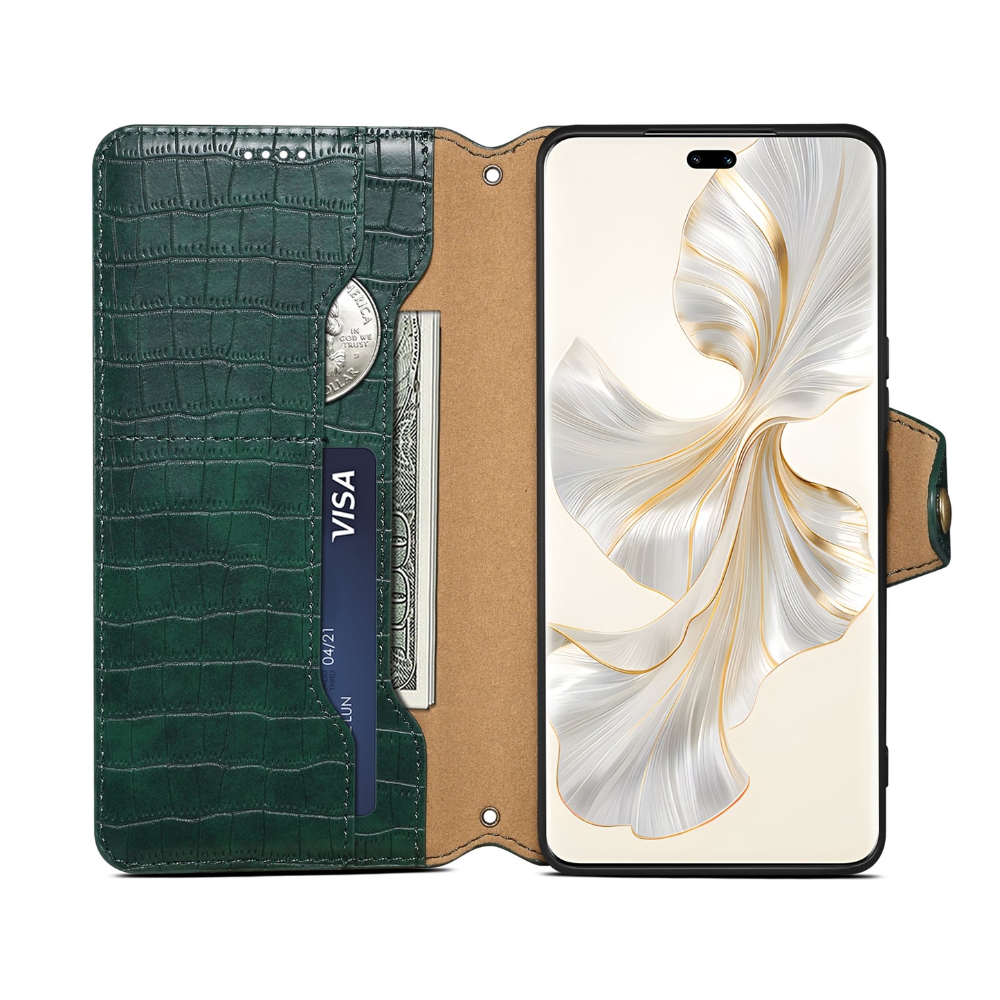 Honor 100 Pro Denior Crocodile Texture Oil Edge Leather Phone Case with Card Wallet and Kickstand