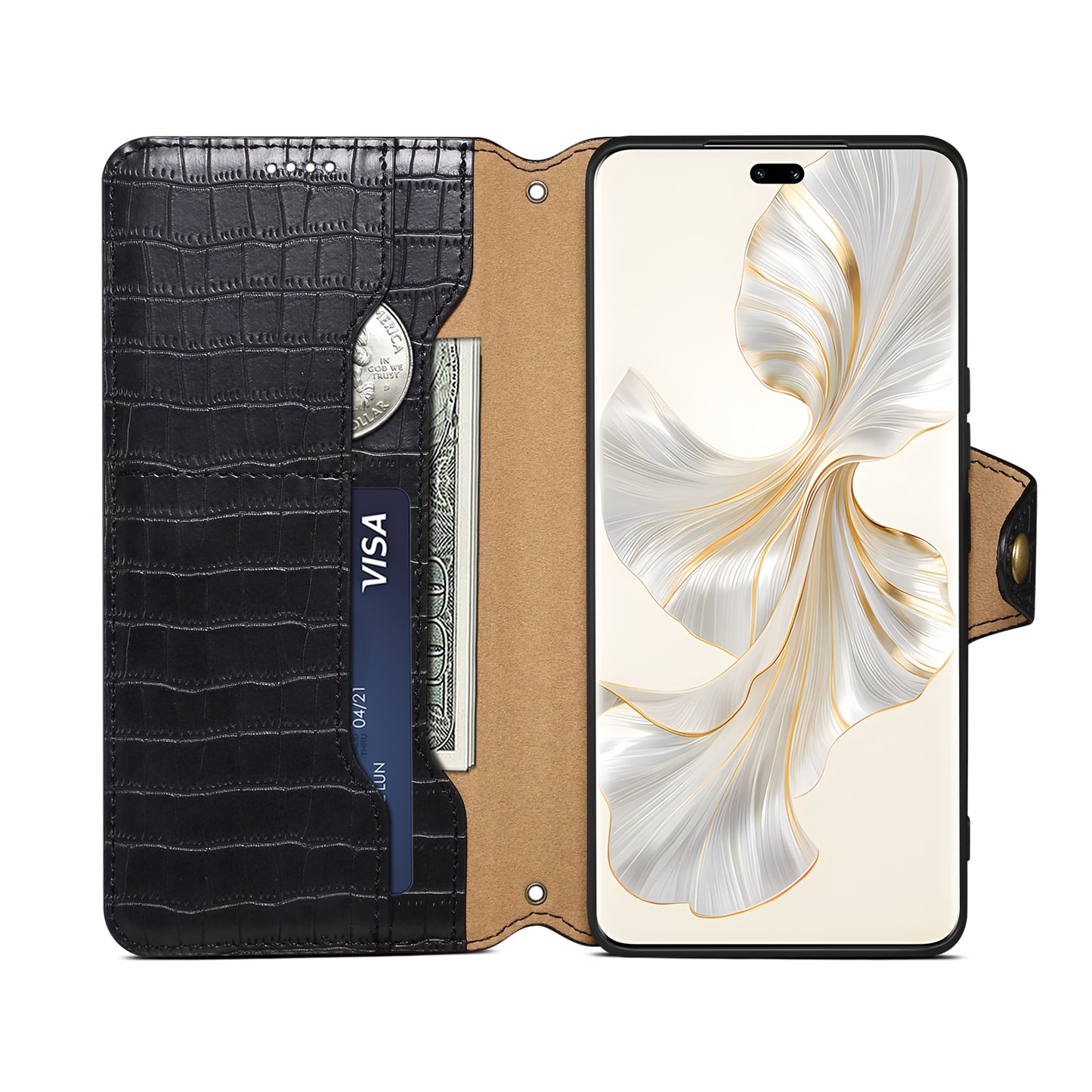 Honor 100 Pro Denior Crocodile Texture Oil Edge Leather Phone Case with Card Wallet and Kickstand