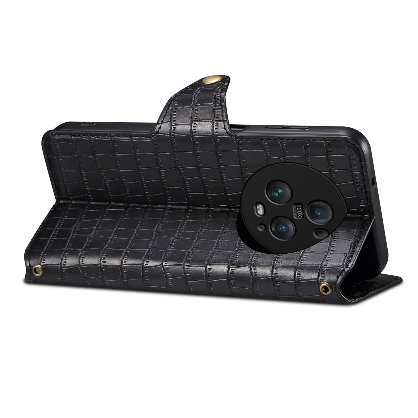 Honor Magic5 Pro Denior Crocodile Texture Oil Edge Leather Phone Case with Card Wallet and Kickstand