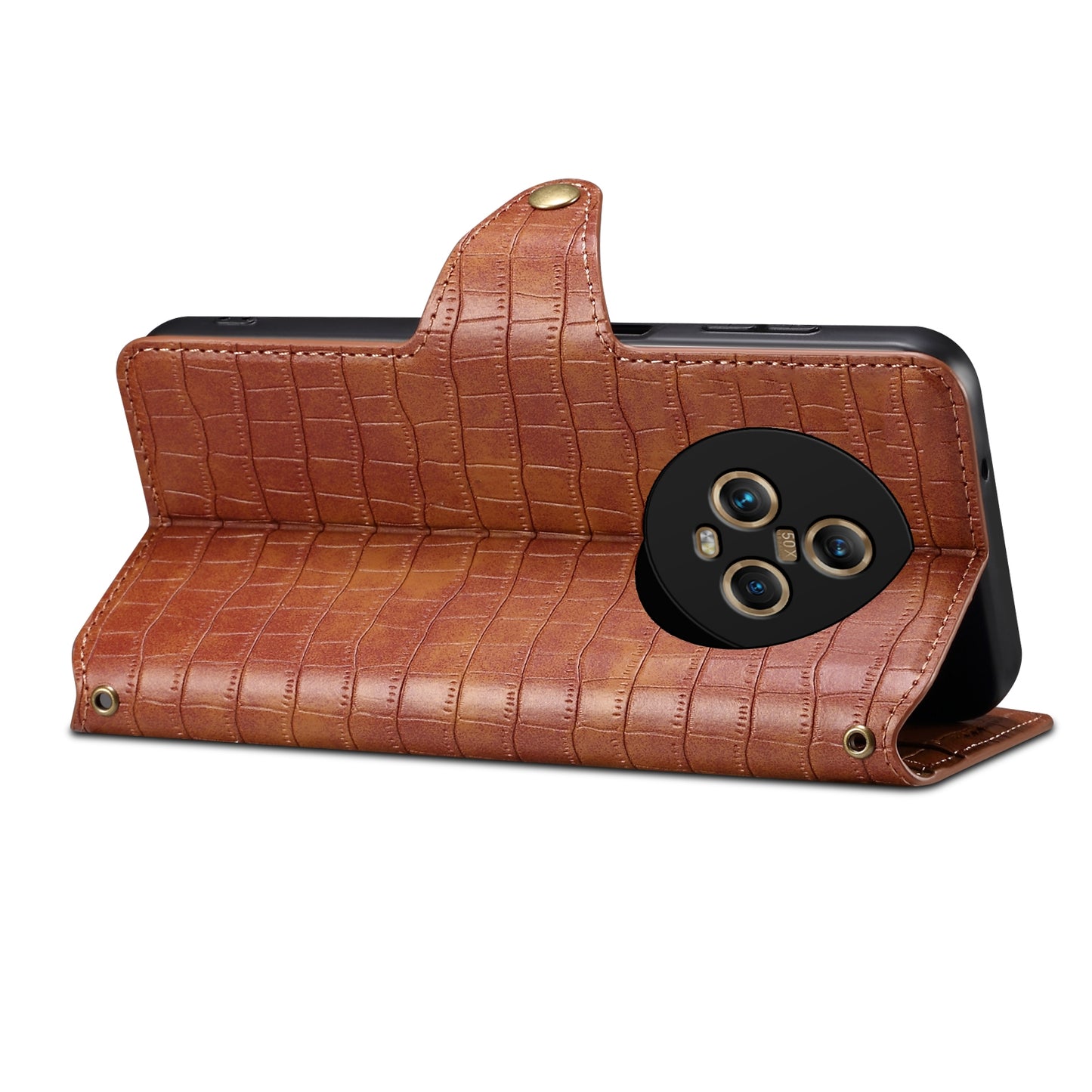 Honor Magic5 Denior Crocodile Texture Oil Edge Leather Phone Case with Card Wallet and Kickstand