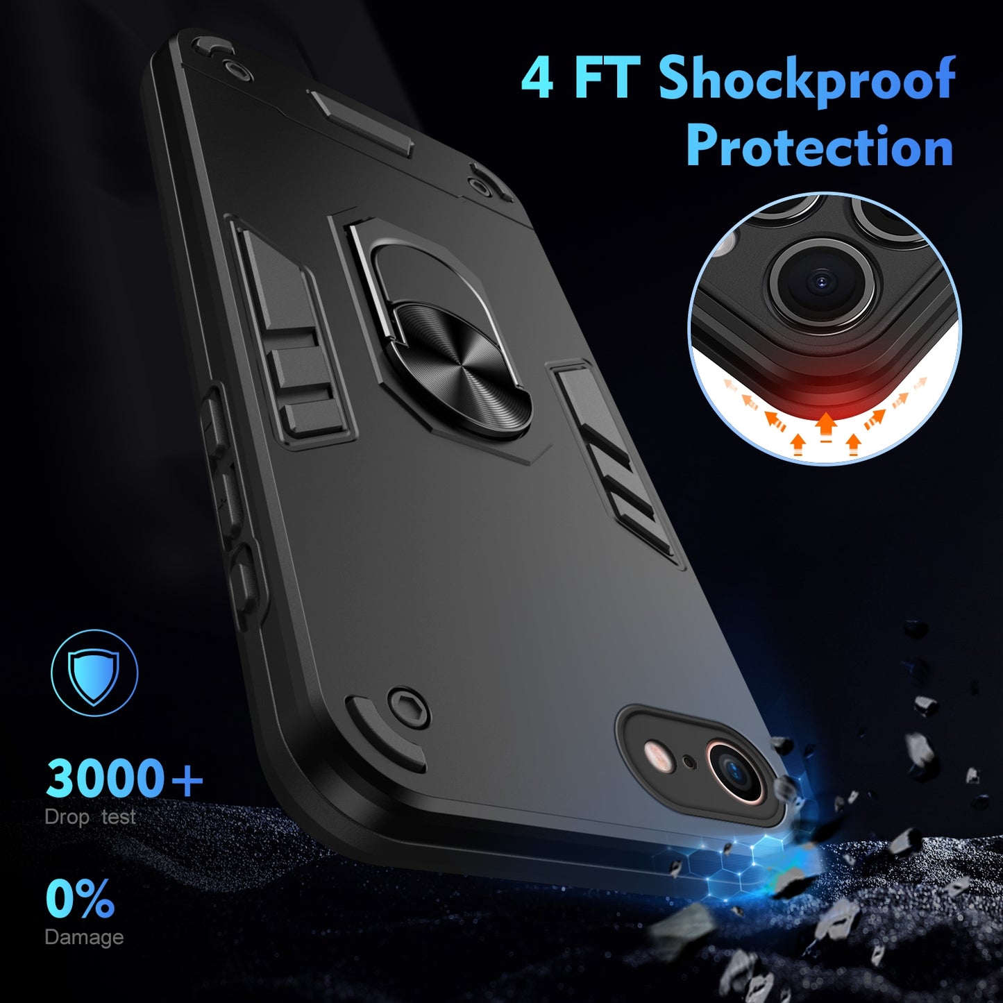 Apple iPhone SE 2022 Shockproof Metal Ring Holder Phone Case with 360 degrees Rotating Kickstand, Ultra Slim Protective Cover, Raised Camera Guard, PC Silicone Armour Shell, Anti-Scratch Back & Edge Protection