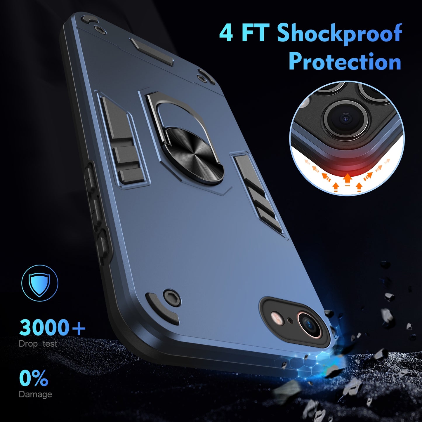 Apple iPhone SE 2020 Shockproof Metal Ring Holder Phone Case with 360 degrees Rotating Kickstand, Ultra Slim Protective Cover, Raised Camera Guard, PC Silicone Armour Shell, Anti-Scratch Back & Edge Protection