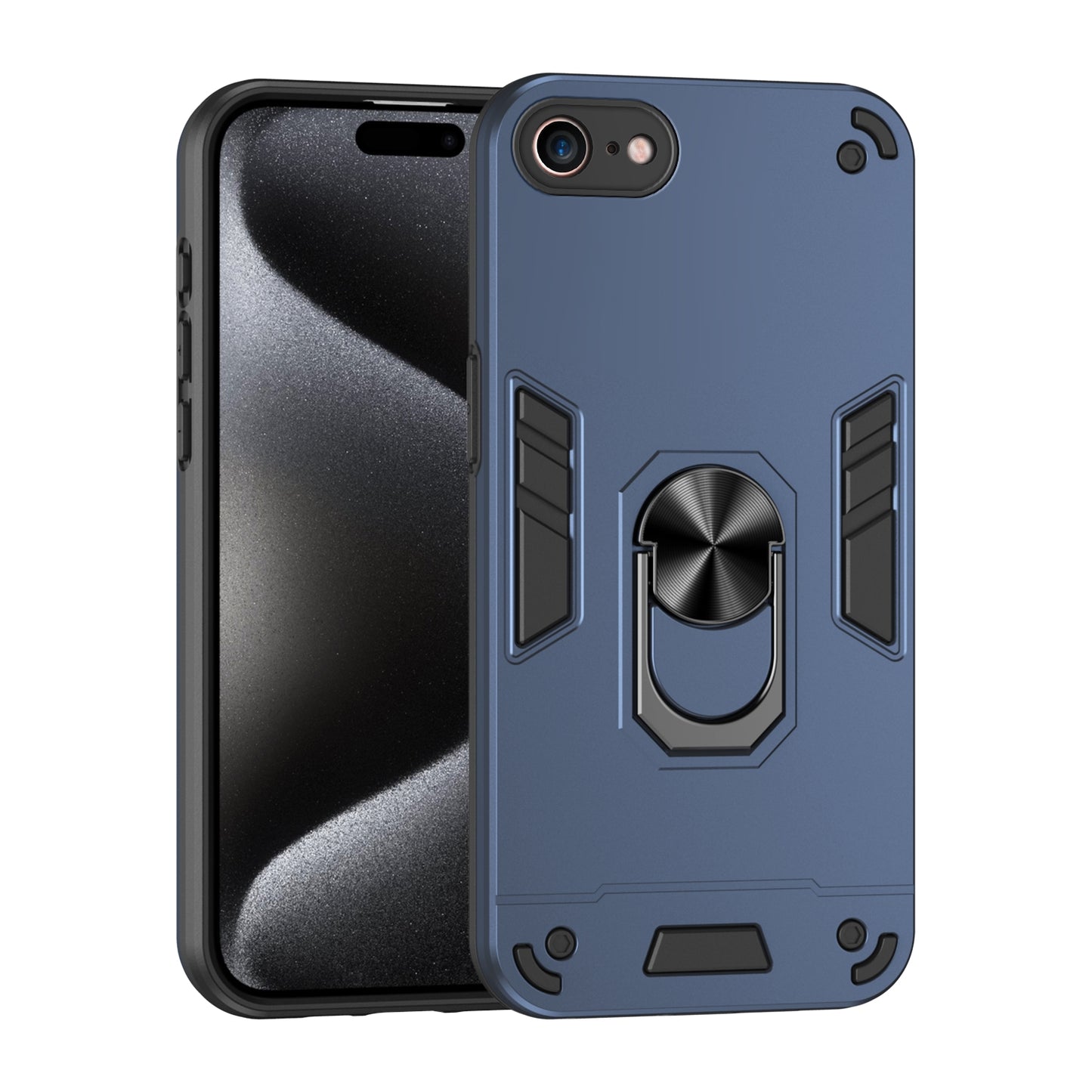Apple iPhone SE 2020 Shockproof Metal Ring Holder Phone Case with 360 degrees Rotating Kickstand, Ultra Slim Protective Cover, Raised Camera Guard, PC Silicone Armour Shell, Anti-Scratch Back & Edge Protection