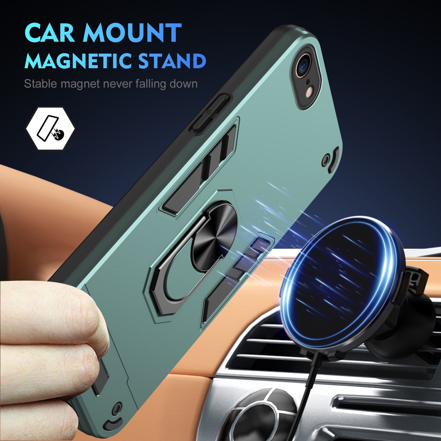 Apple iPhone SE 2022 Shockproof Metal Ring Holder Phone Case with 360 degrees Rotating Kickstand, Ultra Slim Protective Cover, Raised Camera Guard, PC Silicone Armour Shell, Anti-Scratch Back & Edge Protection