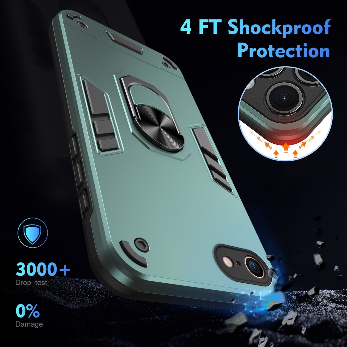 Apple iPhone SE 2022 Shockproof Metal Ring Holder Phone Case with 360 degrees Rotating Kickstand, Ultra Slim Protective Cover, Raised Camera Guard, PC Silicone Armour Shell, Anti-Scratch Back & Edge Protection