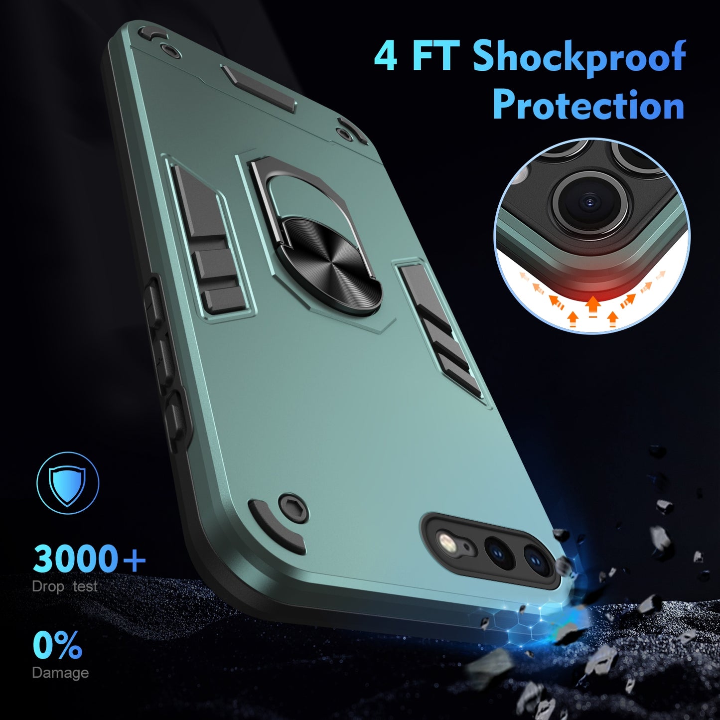 Apple iPhone 7 Plus Shockproof Metal Ring Holder Phone Case with 360 degrees Rotating Kickstand, Ultra Slim Protective Cover, Raised Camera Guard, PC Silicone Armour Shell, Anti-Scratch Back & Edge Protection