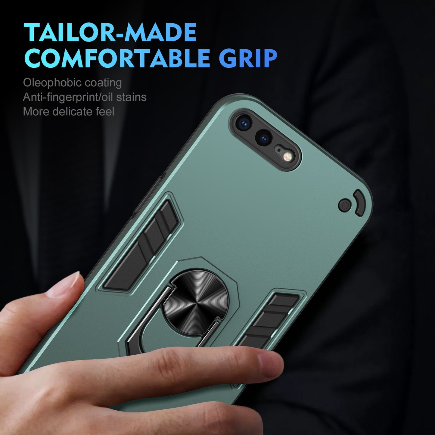 Apple iPhone 8 Plus Shockproof Metal Ring Holder Phone Case with 360 degrees Rotating Kickstand, Ultra Slim Protective Cover, Raised Camera Guard, PC Silicone Armour Shell, Anti-Scratch Back & Edge Protection