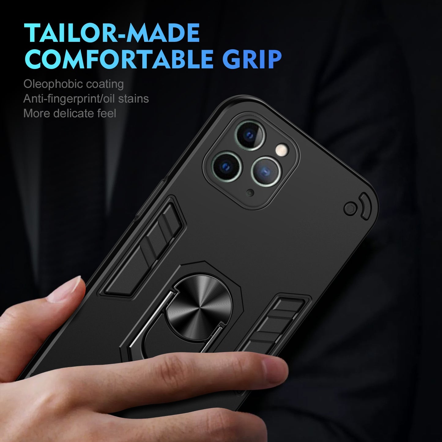 Apple iPhone 11 Pro Shockproof Metal Ring Holder Phone Case with 360 degrees Rotating Kickstand, Ultra Slim Protective Cover, Raised Camera Guard, PC Silicone Armour Shell, Anti-Scratch Back & Edge Protection