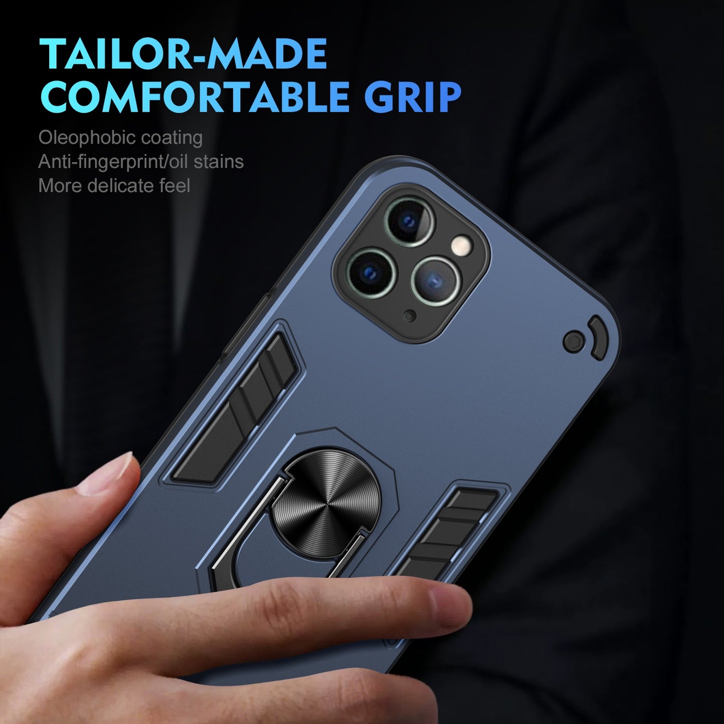 Apple iPhone 11 Pro Max Shockproof Metal Ring Holder Phone Case with 360 degrees Rotating Kickstand, Ultra Slim Protective Cover, Raised Camera Guard, PC Silicone Armour Shell, Anti-Scratch Back & Edge Protection