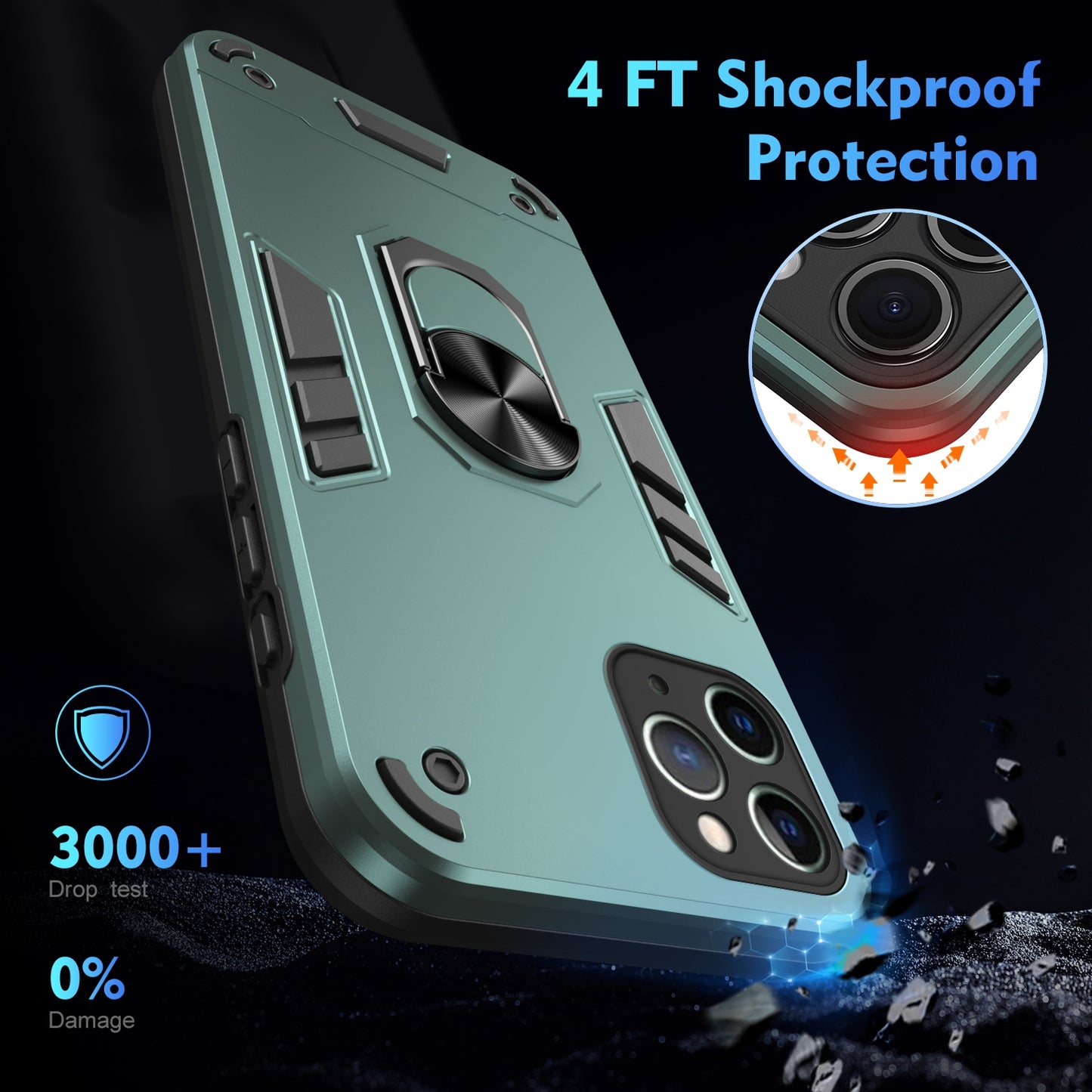 Apple iPhone 11 Pro Max Shockproof Metal Ring Holder Phone Case with 360 degrees Rotating Kickstand, Ultra Slim Protective Cover, Raised Camera Guard, PC Silicone Armour Shell, Anti-Scratch Back & Edge Protection
