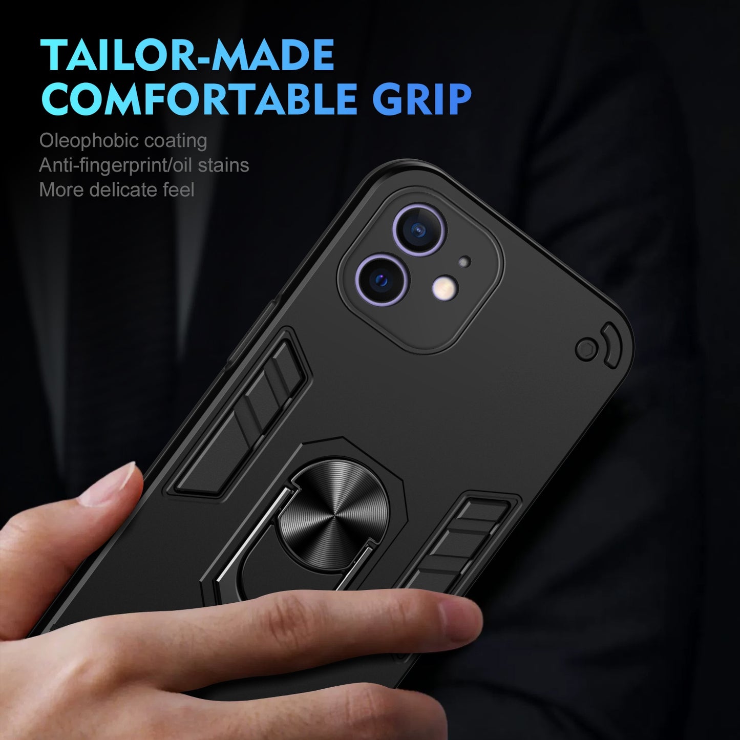 Apple iPhone 12 Shockproof Metal Ring Holder Phone Case with 360 degrees Rotating Kickstand, Ultra Slim Protective Cover, Raised Camera Guard, PC Silicone Armour Shell, Anti-Scratch Back & Edge Protection