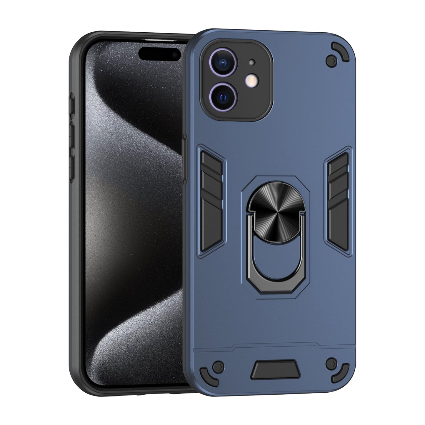 Apple iPhone 12 Shockproof Metal Ring Holder Phone Case with 360 degrees Rotating Kickstand, Ultra Slim Protective Cover, Raised Camera Guard, PC Silicone Armour Shell, Anti-Scratch Back & Edge Protection