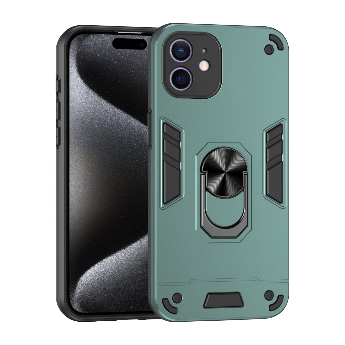 Apple iPhone 12 Shockproof Metal Ring Holder Phone Case with 360 degrees Rotating Kickstand, Ultra Slim Protective Cover, Raised Camera Guard, PC Silicone Armour Shell, Anti-Scratch Back & Edge Protection
