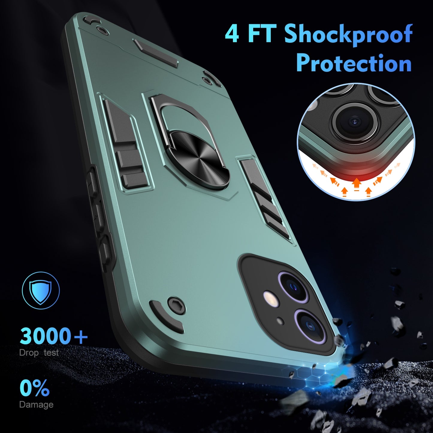 Apple iPhone 12 Shockproof Metal Ring Holder Phone Case with 360 degrees Rotating Kickstand, Ultra Slim Protective Cover, Raised Camera Guard, PC Silicone Armour Shell, Anti-Scratch Back & Edge Protection