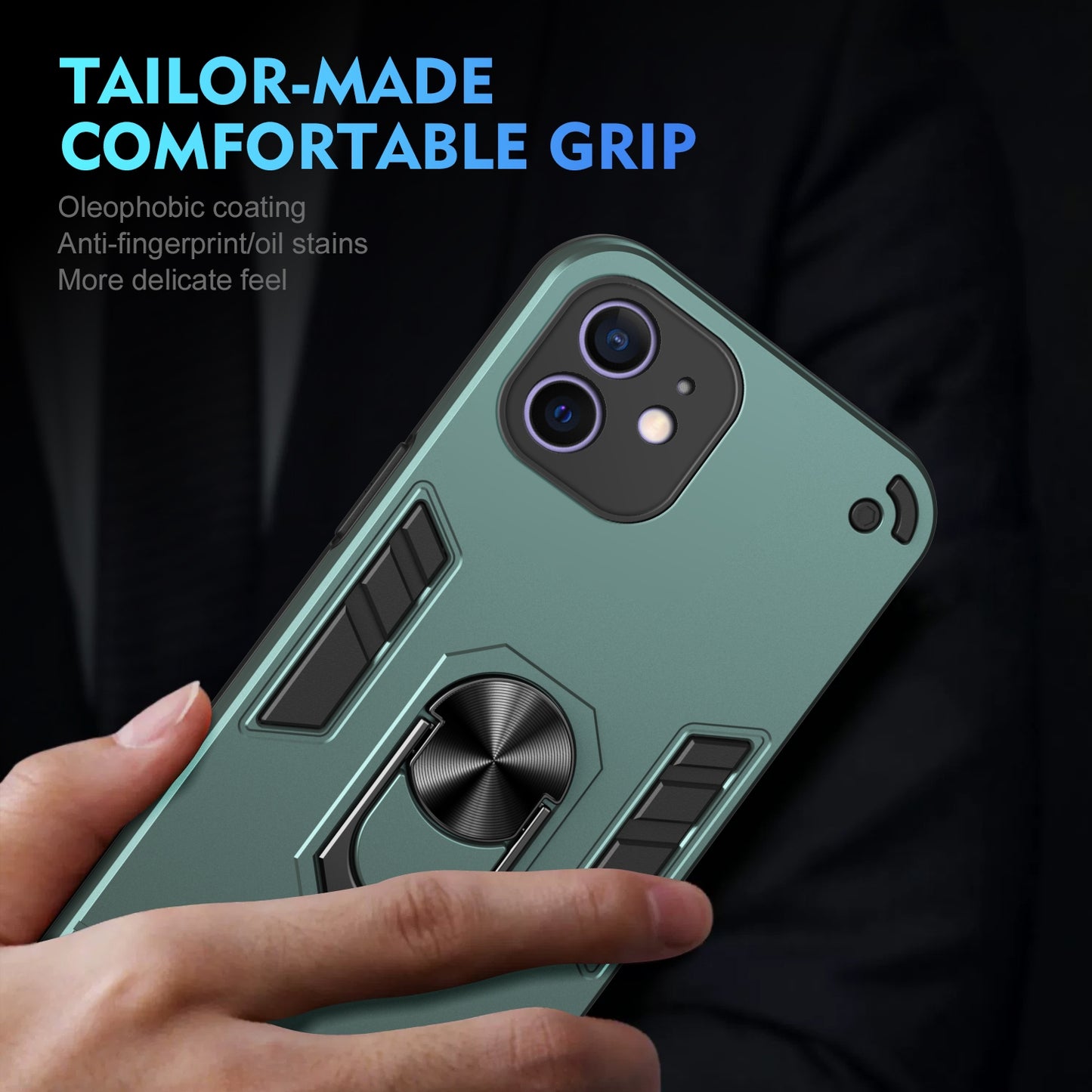 Apple iPhone 12 Shockproof Metal Ring Holder Phone Case with 360 degrees Rotating Kickstand, Ultra Slim Protective Cover, Raised Camera Guard, PC Silicone Armour Shell, Anti-Scratch Back & Edge Protection